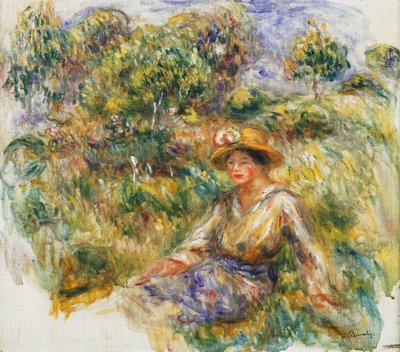 Mujer con sombrero azul sentada en la hierba de Pierre Auguste Renoir