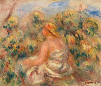 mujer con sombrero en un paisaje de Pierre Auguste Renoir