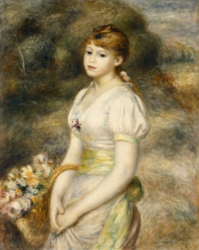 Joven Chica Llevando una Cesta de Flores de Pierre Auguste Renoir