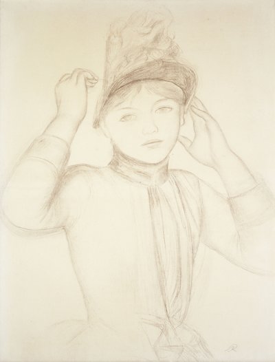 Joven mujer arreglando su sombrero; Jeune Fille Arrangeant son Chapeau, c.1885 de Pierre Auguste Renoir