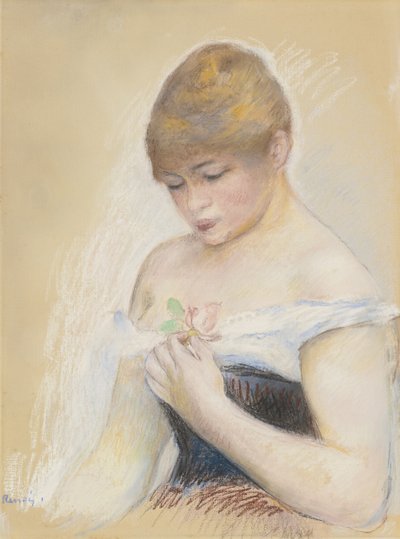 Joven mujer sosteniendo una flor. Retrato de la actriz Jeanne Samary, c. 1880 de Pierre Auguste Renoir