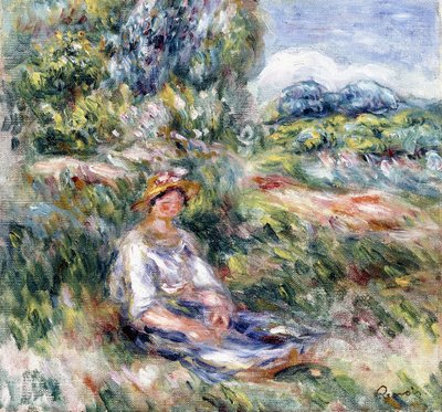 Joven mujer sentada en un prado de Pierre Auguste Renoir