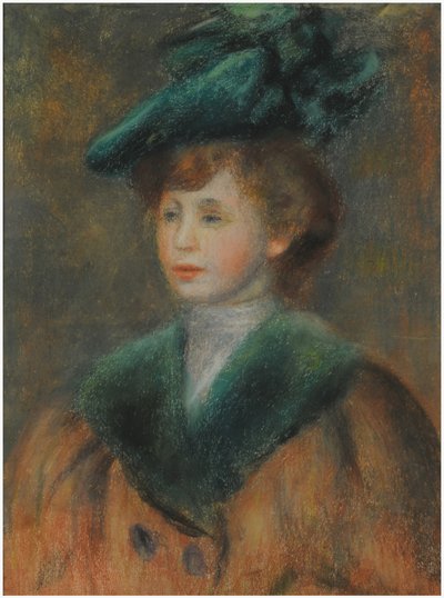 Joven Mujer con Sombrero Verde de Pierre Auguste Renoir