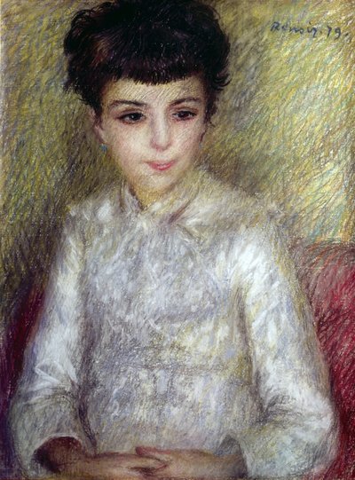 Joven morena sentada con las manos cruzadas de Pierre Auguste Renoir