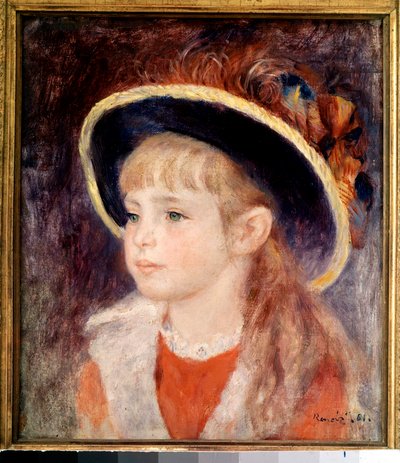 Joven con sombrero azul: retrato de Jeanne (Jane) Henriot (1878-1900), muerta quemada viva en el incendio de la Comédie Française el 9 de marzo de Pierre Auguste Renoir