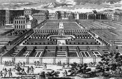 Vista del jardín de la cocina en Versalles en la época de Luis XIV, grabado por Aveline de Pierre Aveline