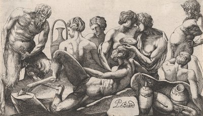 Ocho sátiros y sátiresas terminando una comida, 1607-61 de Pierre Biard