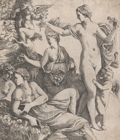 Venus, de pie con las tres Gracias, recibe una flor de un putto, 1607-61 de Pierre Biard