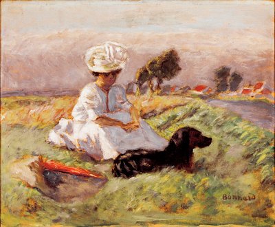 Madame Bonnard - La esposa del pintor está sentada en el sofá con su perro. Pintura de Pierre Bonnard de Pierre Bonnard