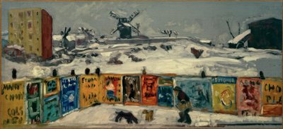 Palisada, los carteles (Palisada cubierta de carteles, y los viejos molinos de Montmartre bajo la nieve) de Pierre Bonnard