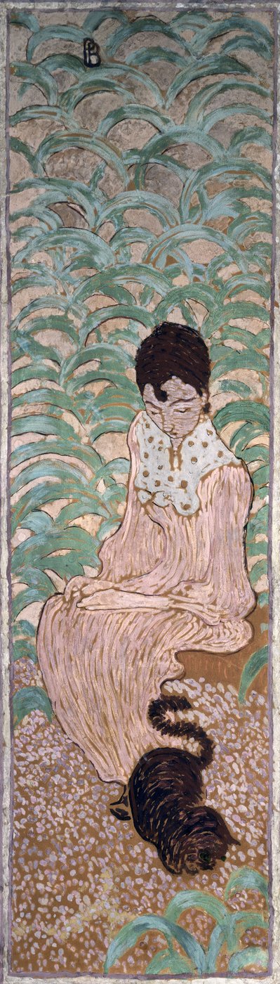 Mujer sentada con un gato, uno de los cuatro paneles de Mujeres en el jardín, 1891 de Pierre Bonnard