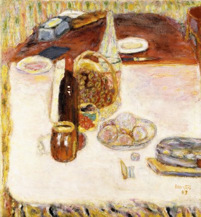 Naturaleza muerta con botella de vino tinto de Pierre Bonnard