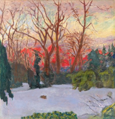 El jardín bajo la nieve, puesta de sol, c.1910 de Pierre Bonnard