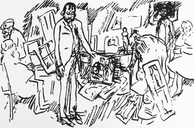 La tienda del comerciante de arte parisino Ambroise Vollard en París alrededor de 1895: pintores Camille Pissarro, Auguste Renoir, Pierre Bonnard y Edgar Degas con un cliente de Pierre Bonnard