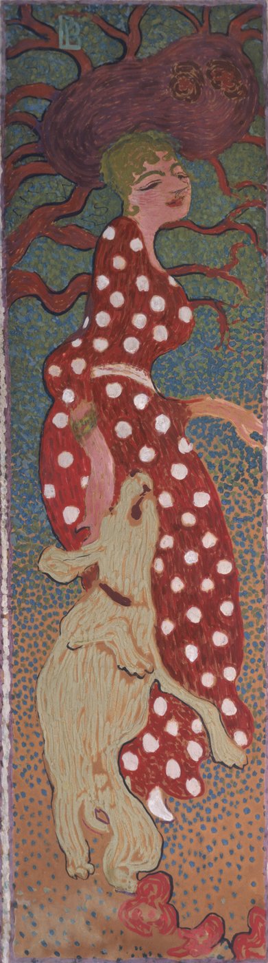 Mujer con vestido blanco con lunares, uno de los cuatro paneles de Mujeres en el Jardín, 1891 de Pierre Bonnard