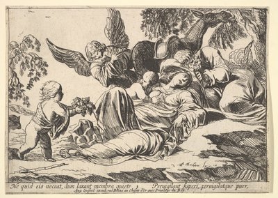 Ángeles dando fruta a la Sagrada Familia dormida, 1610-42 de Pierre Brebiette