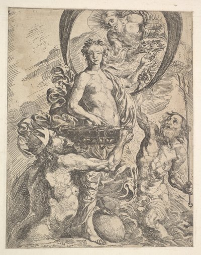 Júpiter, Plutón y Neptuno ofreciendo sus riquezas a la Fortuna, 1624 de Pierre Brebiette
