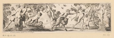 Satyr dispara una flecha a una estatua de Baco mientras Mercurio observa de Pierre Brebiette
