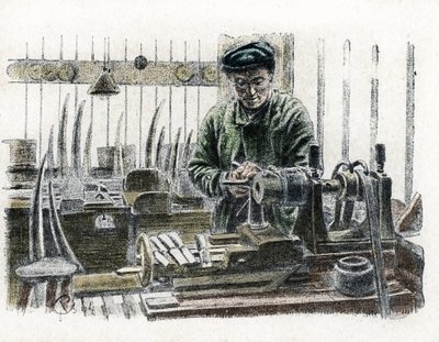 Un marfileño tallando colmillos de elefante en su taller trabajando en las defensas del elefante (Ivory worker carving elephant tusks) Grabado de "Excursion a travers les metiers" de Pierre Calmette Collection privee de Pierre Calmettes