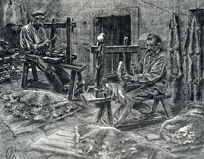 Artesanos descarnando las pieles de oveja Grabado de "Excursion a travers les metiers" de Pierre Calmette Colección particular de Pierre Calmettes