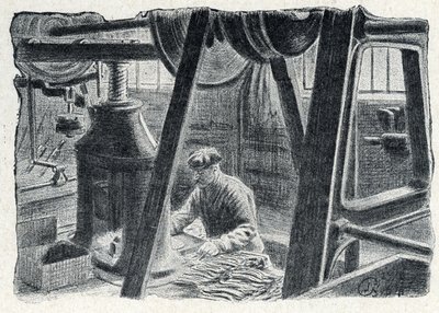 Estampación de cubiertos con un molino Grabado de "Excursion a travers les metiers" de Pierre Calmette Colección particular de Pierre Calmettes