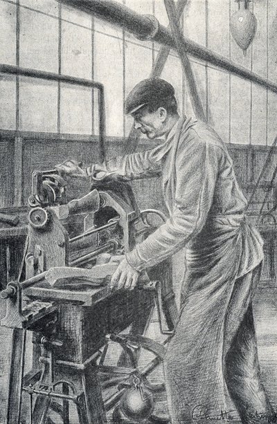 Corte de culatas de fusil en una fábrica de armas Grabado de Pierre Calmette Colección particular de Pierre Calmettes