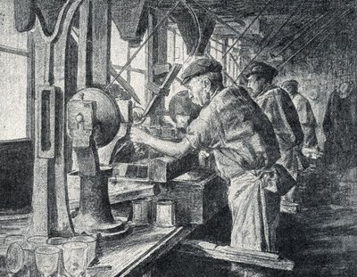 Taller de tallado en la fábrica de cristal de Sevres, cerca de París Grabado de "Excursion a travers les metiers" de Pierre Calmette Colección particular de Pierre Calmettes