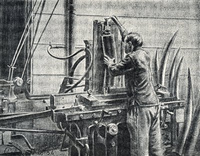 Artesano del marfil cortando colmillos de elefante Grabado de "Excursion a travers les metiers" de Pierre Calmette Colección particular de Pierre Calmettes