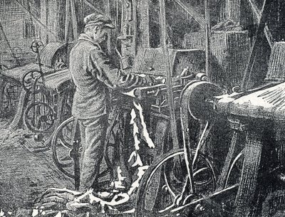 Industria del cuero: siega mecánica de pieles Grabado de "Excursion a travers les metiers" de Pierre Calmette Colección particular de Pierre Calmettes