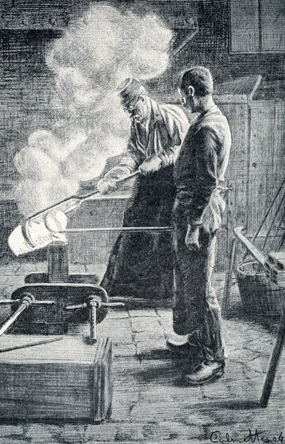Fabricación de cubiertos: lingote fundido en un molde de Pierre Calmettes