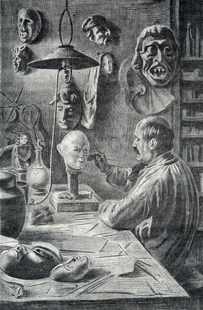 Fabricación de máscaras de teatro y de disfraz Grabado de "Excursion a travers les metiers" de Pierre Calmette Colección particular de Pierre Calmettes