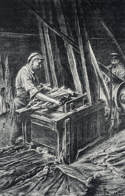 Peausserie, le corroyage: marroquinería, el ablandamiento de las pieles de animales en un grabado más completo de Pierre Calmette Collection privee de Pierre Calmettes