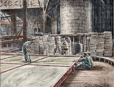 Savonnerie: le decoupage du soap dans les mises (fabricación de jabones) Grabado de "Excursion a travers les metiers" de Pierre Calmette Colección particular de Pierre Calmettes