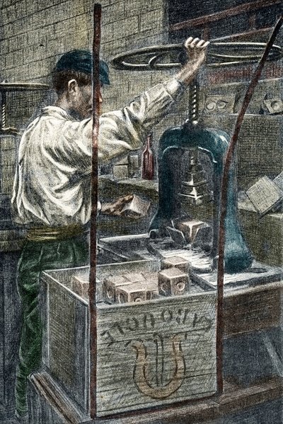 Fábrica de jabón: estampación de la marca de jabón Grabado de "Excursion a travers les metiers" de Pierre Calmette Colección particular de Pierre Calmettes