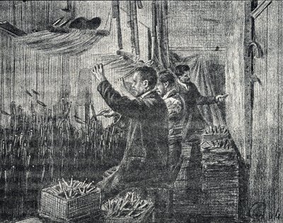 Tapiz de Aubusson: los tapiceros trabajan al revés Grabado de "Excursion a travers les metiers" de Pierre Calmette Collection privee de Pierre Calmettes