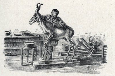 Taxidermia: Un taxidermista diseca antílopes en su taller Grabado de Excursion a travers les metiers" de Pierre Calmette Collection privee de Pierre Calmettes