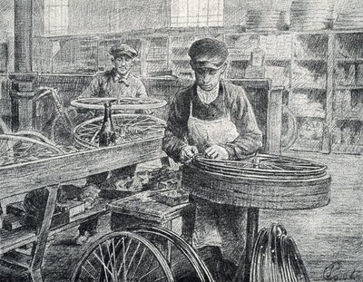 Trabajadores fijando los radios a las llantas de una bicicleta durante su fabricación (fabricación de bicicletas) Grabado de Pierre Calmette Colección particular de Pierre Calmettes