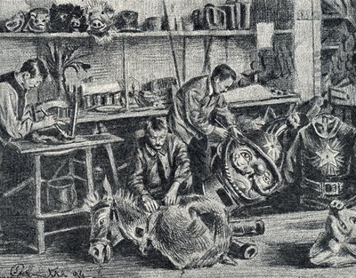 Taller de producción de accesorios de teatro y espectáculos Grabado de Pierre Calmette Colección particular de Pierre Calmettes