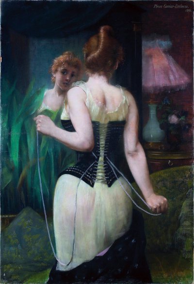 Joven mujer ajustando su corsé de Pierre Carrier Belleuse