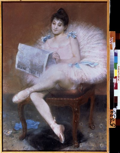 Bailarina de ballet sentada. Bailarina con tutú leyendo "el pequeño periódico". de Pierre Carrier Belleuse