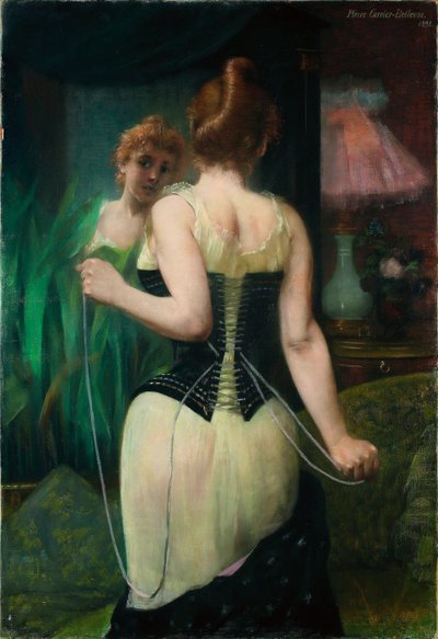 Joven Mujer Ajustando su Corsé, 1893 de Pierre Carriere Belleuse