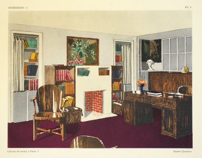 Cabinet de travail I, en París, ilustración de "Interieurs" de Leon Moussinac, pub. Albert Levy de Pierre Chareau