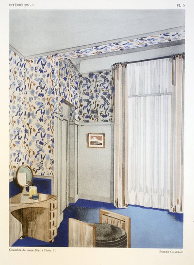Chambre de jeaune fille II, en París, ilustración de "Interieurs" de Leon Moussinac, pub. Albert Levy de Pierre Chareau