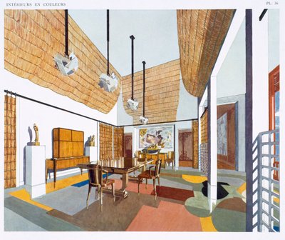 Comedor de estilo colonial, de "Interiores y colores", publicado en 1925 (litografía en color) de Pierre Chareau
