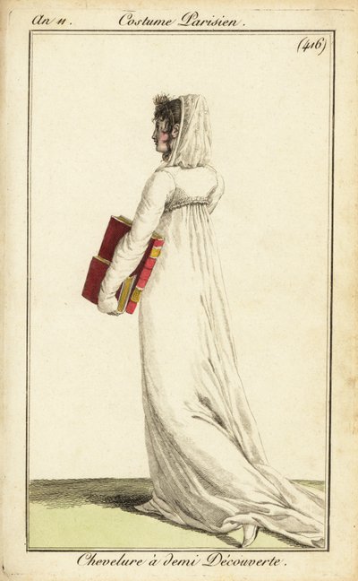 Mujer con vestido blanco y velo sobre la mitad del cabello, París de Pierre Charles Baquoy