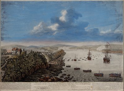 Vista del lugar de desembarco sobre la ciudad de Quebec describiendo el asalto...en las Alturas de Abraham, 13 de septiembre de 1759, c.1760 de Pierre Charles Canot