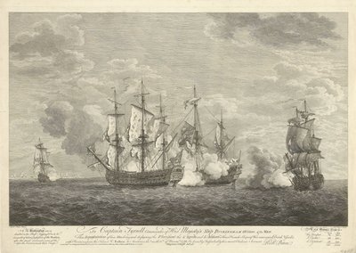 Ataque de un barco inglés a tres barcos franceses frente a San Eustaquio, 1758 de Pierre Charles Canot
