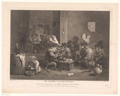 Monos fumando y bebiendo en una posada Les hommes y mignatures. (título en el objeto) de Pierre Chenu