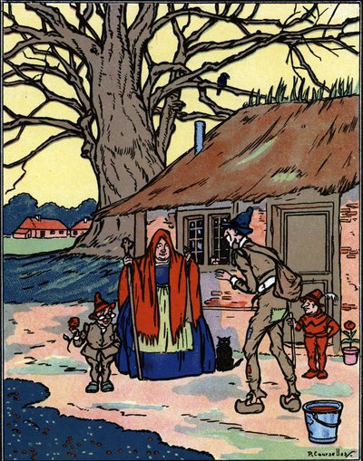 El vuelo de Picrochole que se encuentra con una vieja bruja Ilustración de Pierre Couselles (fallecido en 1938) de "Gargantua" de François Rabelais de Pierre Courselles