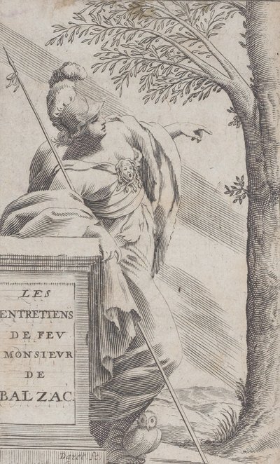 Frontispicio, de Entrevistas con el difunto Sr. Balzac Les Entretiens de Feu Monsieur d..., 1660 de Pierre Daret